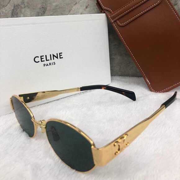 Celine Triomphe Gold Metal Sunglasses with Green Lenses